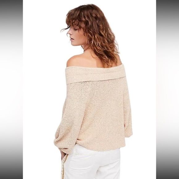 Free People Edessa Pullover Sweater Off the Shoulder Tan Beige Sz S - Picture 2 of 9